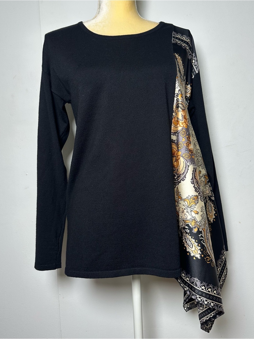 Chico's Mixed Media Asymmetrical Paisley Silk-Look Tunic Top Tap 0 (Like S)
